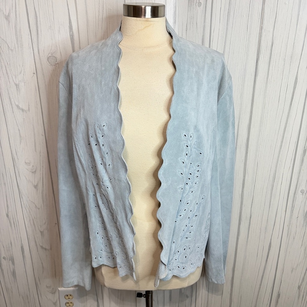 COLDWATER CREEK VINTAGE Light Blue Open-Front Suede Leather Eyelet Jacket , XL